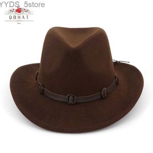 Breda brimhattar hink qbhat mode ny western cowboy fedora hatt med handgjorda bältedekoration män krullade jazz karneval trilby unisex yq240407