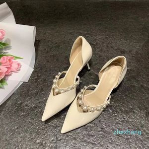 Brand High Heels Shoes Pointed Toes Patent Leather Pearl Pumps Stiletto Heel French Style Shoe