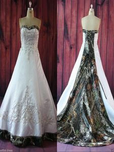 Blygsam en linje camo bröllopsklänningar stropplös pärlor brudklänningar plus storlek svep tåg satin amerikansk bröllop 20206501932