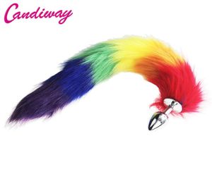 Rainbow Foxdog Tail Metal Furry Plug Furry Plug sexy Plug del culo BDSM Flirt Plug per donne gatto selvatico gatto adulto giocattolo per adulti stimolo y1811087743754