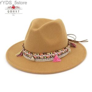 Breites Krempeln Hats Bucket Qbhat Unisex Woll Feed Fedora Hut mit ethnischem gewebten Ribbon Jazz Panama Style Formal Trilby YQ240407