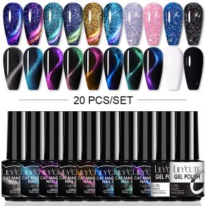 Zestawy LilyCute 20pcs/Set 9D Odblaskowy Fluorescencyjny Kot Magnetyczny Poliska do paznokci Zestaw UV Neonowa skorupka paznokciowa Zestaw lakieru żelowego