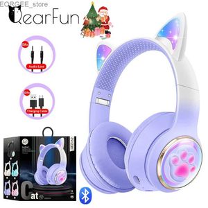 Cell Phone Earphones RGB Cute Cat Wireless Headphones for Girls Glowing Cat Claw Stereo Bluetooth Headset Foldable Gaming Headset For Kids Girls Gift Y240407