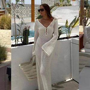 2024 Knitted Cover Up Beach Elegant Solid Sexy See Through Bodycon Maxi Dress Flared Long Sleeves Bikinis Coverups For Women 240327