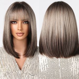 Blonde Ombre Brown Ash Synthetic s Short Grey Straight with Bangs Bob for Women Daily Cosplay Heat Resistant Hairs 240327