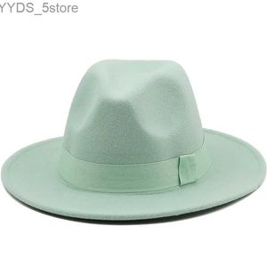 Breda randen hattar hink enkel 7 cm kvinnor fedora hatt med bi band höst vinter bröllop fest trilby mens gentleman jazz yq240407