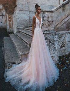 Rose Pink Princess Vestido de noiva sem mangas com renda de renda Aplique Vestido de noiva Aline Tulle sem costas Boho Gown9174909