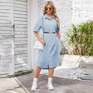 Party Dresses Women Turn Down Collar Denim Dress Single Breasted Vestidos Washing Pockets Loose Casual Button Solid 2024 Belt