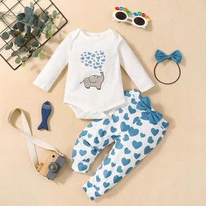 Set di abbigliamento set da 3 pezzi bambina simpatica elefante a forma di cuore Comfort e pantaloni da pagliaccia per il tempo libero con fascia per cravatta