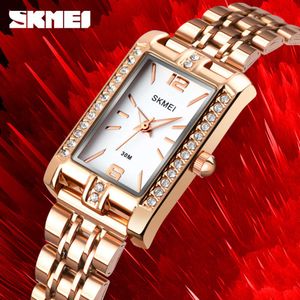 Time Beauty Skmei Fashion Personality Versatile Rose Gold Diamond Set Women's Student Small Square Steel Band Quartz Watch