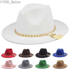 Weitkrempeln Hats Bucket Fedora Hut Damen Trilby Wolle warm gefärbte Perlengürtel Top Jazz Derby YQ240407
