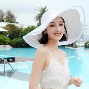 ワイドブリム帽子バケット夏の白い太陽帽子エクストラ大きな日焼け止めコルクビーチレディースストローサンシェードホリデーレース卸売Q240403