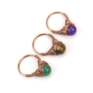 Flickans smyckespresent New Handwoven Diy Natural Crystal Agate Round Pärlor Amethyst Ring Kvinnor Wire Wrapped Rings Finger For Women Jewelery Bijoux grossist