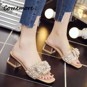 Rhinestone Designer Comemore Sequins Slides Non-Slip Square Heel Women Slippers Fashion Butterfly-knot Sandals 240322 a72f