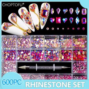 Urządzenia Flatback Nail Art Rhinestone Zestaw 2500pcs/pudełko Mieszany Diament Kryształowy Kryształowy Kryształowy Diament w Kształcie z 1 piórem do dekoracji