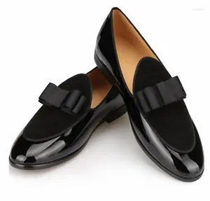 Casual Shoes Black Suede Loafers Fashion Patent Leather Men Bow Tie Moccasins Man Flats Wedding Men's Dress