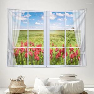 Tapestries Tulip Window Tapestry Wall Hanging Forest Stream For Home Decorations TV Backdrop Dorm Decor Living Room Bedroom