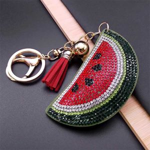 Keychains Lanyards Kawaii Watermelon All Crystal Keychain Womens Alloy Leather Gold Fruit Key Bag Car Accessories Jewelry K5100S05 Q240403