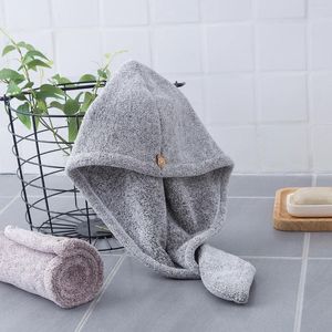 Toalha Hair de fibra de bambu Spa macia chuveiro de turbante seco embrulhado sólido Botão de urso de madeira cinza claro D30 D30