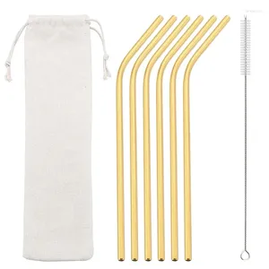 Drinking Straws Gold 6Pcs Reusable Metal Set With Cleaner Brush 304 Stainless Steel Straw Milk Drinkware Bar Party Accessory