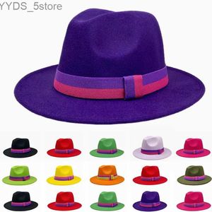 Breda breim hattar hink kvinnor bred ull filt jazz fedora hatt lila bälte elegant mens panama triangular grossist yq240407