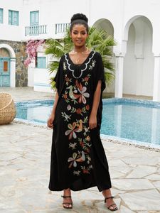 Elegant broderi KAFTAN ROBE LACE-UP V-NECK SIDE SLIT MAXI Dress 2024 Summer Women kläder Plus Size Beachwear Cover-Ups Q1543