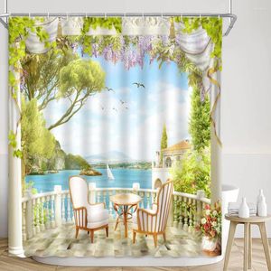 Cortinas de chuveiro cortina cênica da rua italiana Mediterrâneo paisagem paisagem marítima Ocean Spring Floral Polyster Fabric Decor