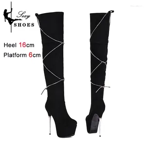 Boots Women Platform Over the Knee Black Autumn Winter Lady Shoes Rhinestone Steletto Heels Plus Size Size Long Femme