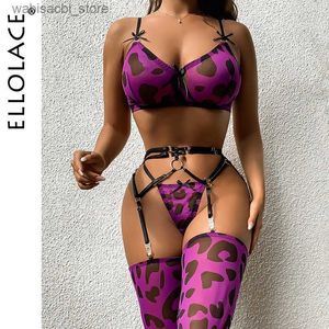 Sexy Set Ellolace Feine Leopard -Dessous mit Strumpf sexyporn Unterwäsche Thongs Luxus Spitze Strumpfband Gürtel Purple Phantasie Intimes unzensierte L2447