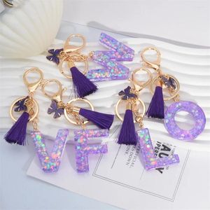 Chavedias do alfabeto letra inicial Chave de keychain Butterfly Butterfly Ring Ring Purple Fringe Backpack Ornamentos de moda Presentes para mamãe