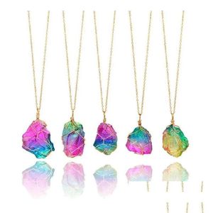 Anhänger Halsketten Anhänger Halsketten natürlicher Regenbogen Irregar Quarz Steinstein Kristall Edelstein Halskette Gold Platted Draht Wrap Birthsto DHC2E