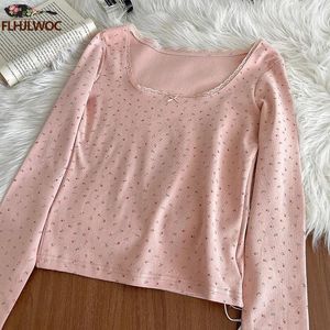 Women's T Shirts Sexy Lolita Style Mori Girls Long Sleeve Short Crop Tops 2024 Spring Patchwork White Lace Cotton Tees Slim Fitted Pink