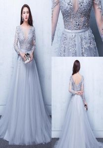 2017 Cheap Sexy Illusion A Line Lace Applique Evening Dresses Lace Formal Elie Saab Beads Crew Neck Long Sleeves Prom Dresses Gow7268434