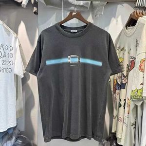 Men's T-Shirts Summer Mens Womens Washed Retro T Shirt High Quality Printed Character shine Belt Tops High Street Short Sleeve T Shirt J240402