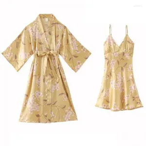 Hemkläder blommig tryck mantel Set Women Satin 2st Sleepwear Summer Nightyrobe Female Kimono klänning mjuk silkeslen sömndräkt nattkläder