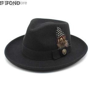Breda randen hattar hink fjäderband ull filt fedora hatt herrar kurva panama party trilby cowboy gentleman bröllop jazz yq240407