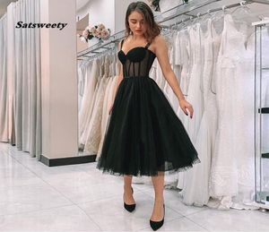 Yeni varış illüzyon siyah balo elbisesi spagetti kayış polka dot tül çay uzunluğu resmi parti önlükleri kısa vestido de festa3550585