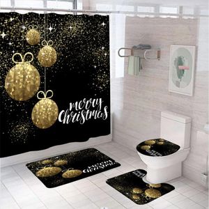 Shower Curtains Gold Christmas Balls Bathroom Set Curtain Rug Accessories Shining Star Black Xmas Party Screen Bath Mat Toilet Lid Cover