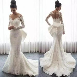 Dresses Full Lace Wedding Dresses Spring Autumn Wear Sheer Neck Long Sleeves Bridal Dress With Bow Back Covered Buttons Mermaid Wedding Go