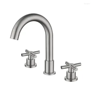 Bathroom Sink Faucets WashBasin Tap Solid 304 STAINLESS STEEL Dual Handles Bathtub Mixer 3 Holes Basin Faucet Set Lead Free