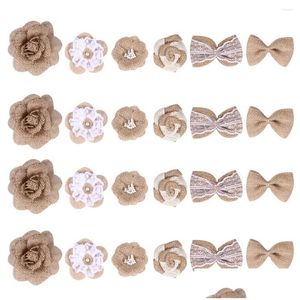 Decorative Flowers & Wreaths 24Pcs Natural Burlap Mini Linen Bowknot Ribbon Lace Flower Embellishment Ornament For Diy Crafts Christma Dhreb