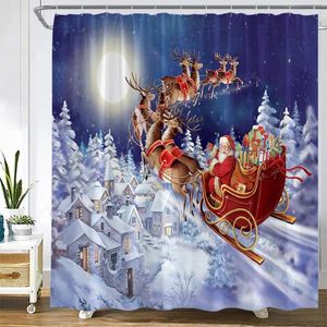 Shower Curtains Winter Christmas Funny Santa Claus Reindeer Forest Town Night Snow Scene Wall Hanging Xmas Home Bathroom Decor