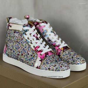 Casual Shoes Fashion Designer Leather High Top Men's Women's Rhinestone Board Night Club Lovers Red Soled Shoe