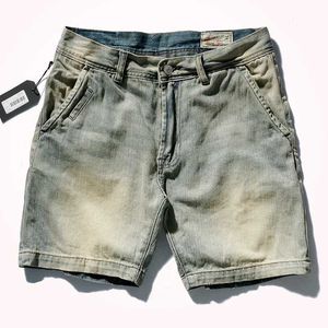 Erkek Şort Yeni Avrupa ve Amerikan Ağır Siklet Denim Şort 2021 Mens Moda Retro Retro Açık Mavi Yıkanmış Günlük Beş Noktalı Pantolon J240407