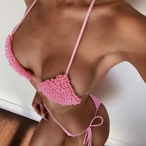 Damskie odzież kąpielowa Pearl Ozdobione bikini Zestaw Niski wisienka w szyku w szyku pasek na ramię w wannach Zestaw wanna dla seksownego letnie bikini set J240403