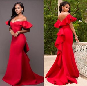 2019 Red MermaidProm Dresses Satin Backless Mermaid Off Shoulde Evening Gowns Saudi Arabia Ruched Sweep Train Formal Party Dress2572766