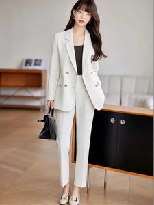 Kvinnors tvådelade byxor Kvinnor Elegant Work Jacket Set Anmärkningar Double Chest Jackets Toppar och byxor Tvådelat matchande Set Office Womens Wear