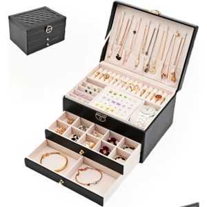 Pudełka do przechowywania pojemniki duże pudełko na biżuterię dla kobiet 3 warstwy skórzany organizator z uchwytami zamka partie kolczyki kosmiczne Pierścienie naszyjniki Dro dhoyx