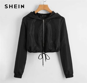 SHEIN Zip Up Drawstring Hem Wind Hooded Crop Jacket Women Autumn Long Sleeve Windbreaker Coat Solid Outwear Casual Jackets 2010151757398