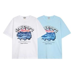 Men's T-Shirts Blue White CAVEMPT Print Snowy Mountains Tagline T-shirt High Quality Crew Neck Mens Womens C.E CAV EMPT Short Sleeve T-shirt J240402